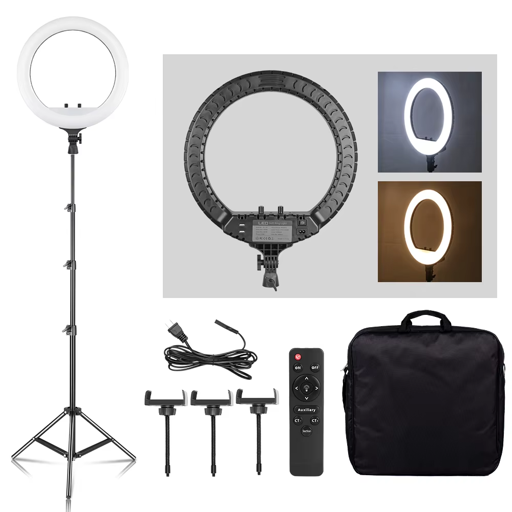 Photography Lighting And Background - SH 18インチノブリングライトLEDセルフィービデオランプ、三脚スタンド、スマホクリップ付き、YouTubeライブ照明、写真撮影スタジオ用
