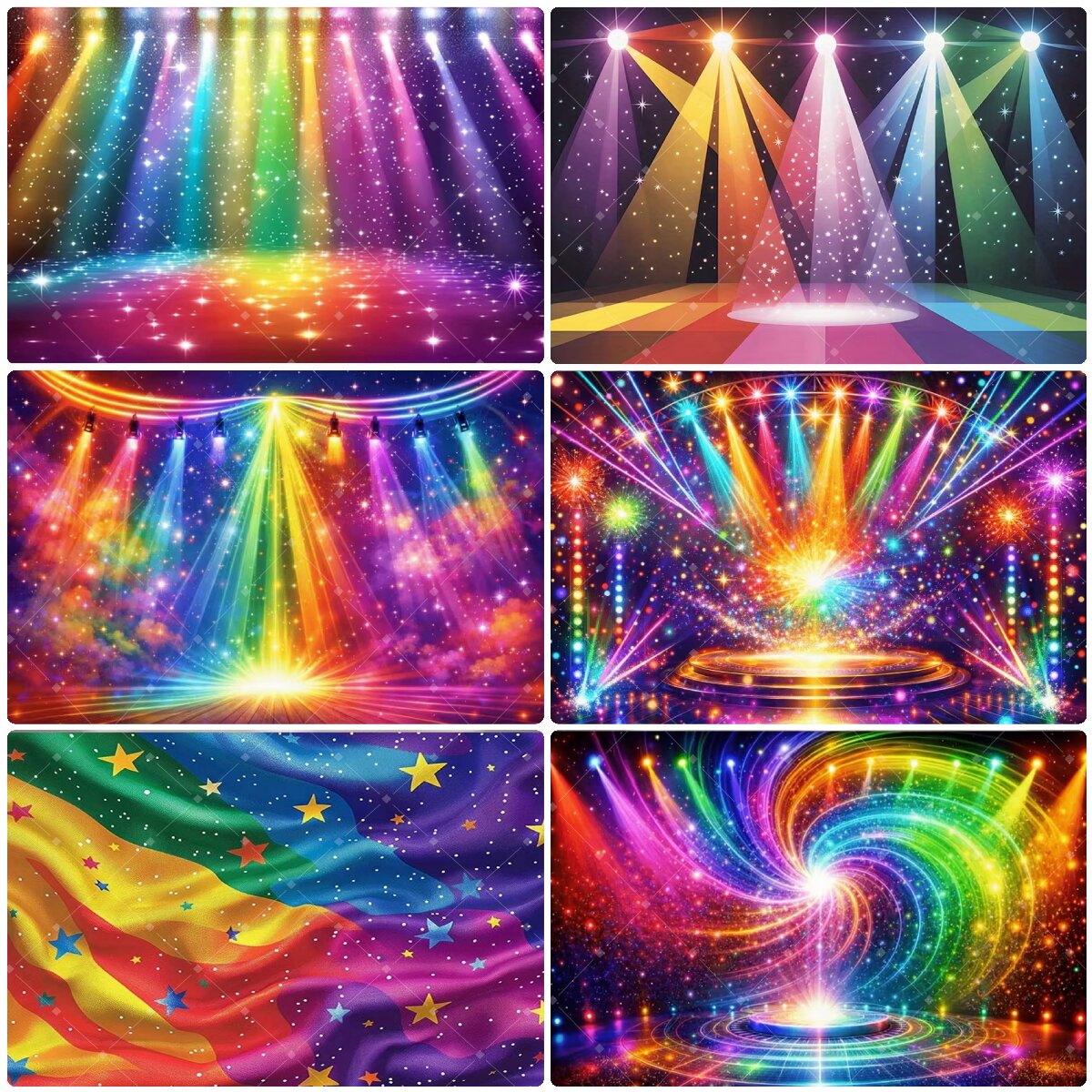Photography Lighting And Background - カラフルなレインボーステージライト背景幕グリッタースターディスコネオンコンサート誕生日パーティー写真撮影バナー装飾背景