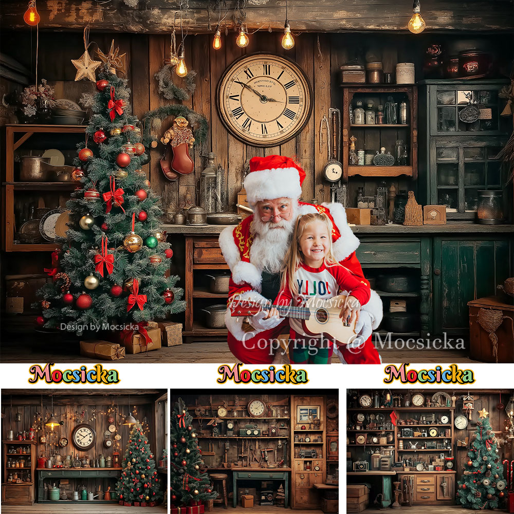 Photography Lighting Workshops - モシッカ サンタの工房 木製写真撮影用背景 クリスマスツリー ギフトルーム 時計