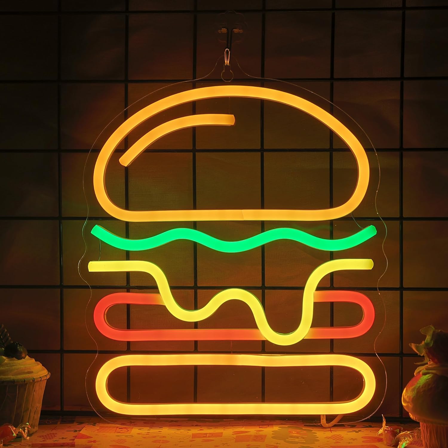 Photography Lighting For Food - ハンバーガーネオンサイン、重ねチーズLEDライト付き、ファストフードレストラン、バー、壁飾り、鮮やかなホームキッチン、カフェの装飾、ギフトに最適