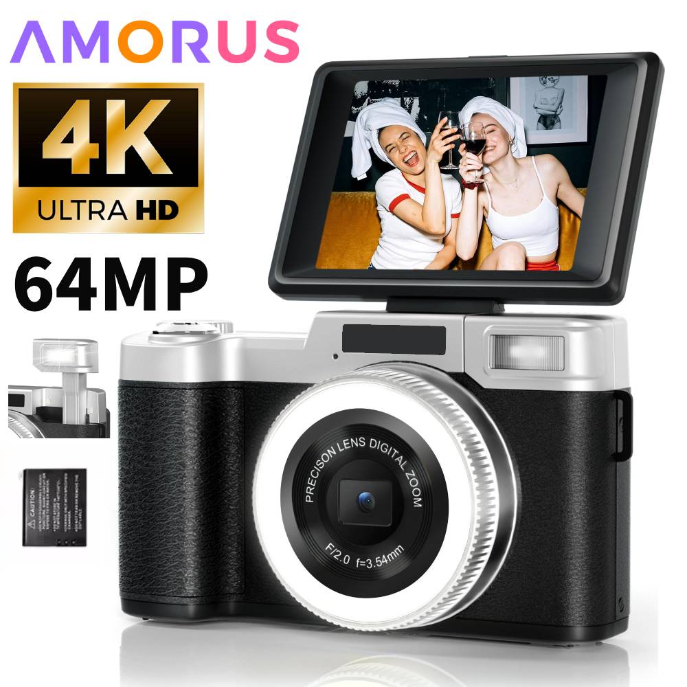Photography Lighting Beginners - 4K 64MPデジタルカメラ、写真撮影用、18倍デジタルズーム、フリップスクリーン、CCDカメラ、LEDライト付き、初心者向けVlogビデオレコーダー