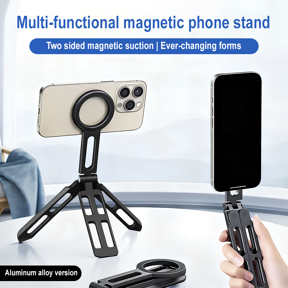 Photography Lighting Essentials - マグネット式スマホホルダー 四軸360度回転 ° 回転折りたたみ式自撮り棒 アルミ合金製ポータブルポケット三脚スタンド Vlogライブ用