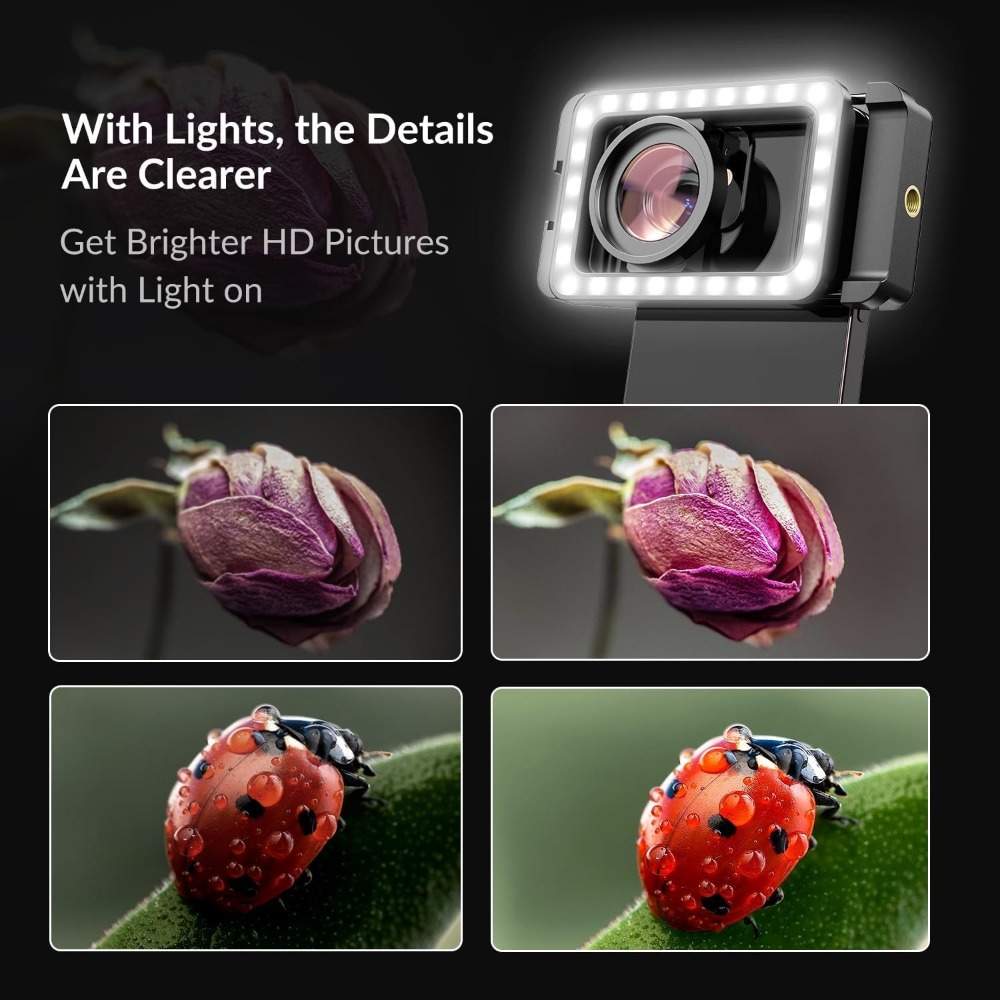 15倍マクロレンズ LEDフィルライト付き、スマートフォン用 - Photography Lighting Conditions のレビューと価格
